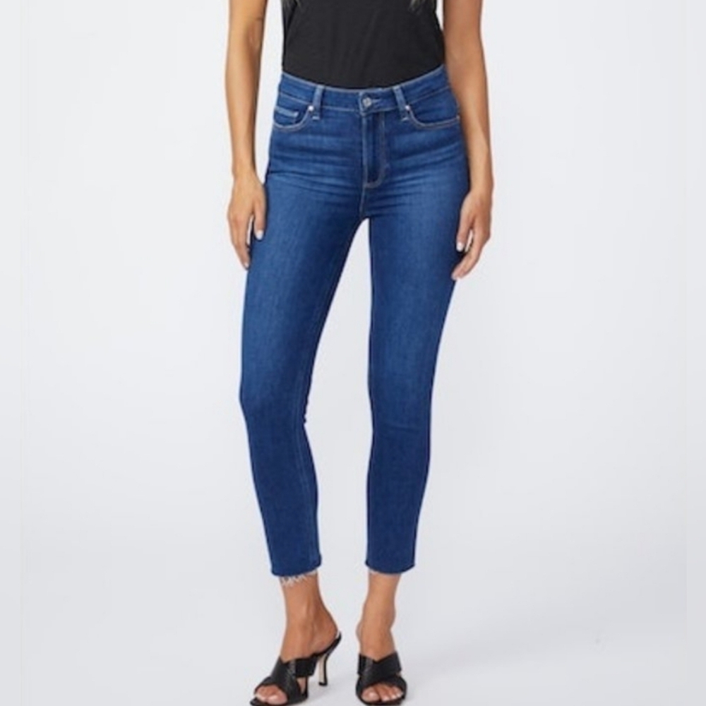 PAIGE Hoxton Ankle High Rise Skinny Jeans w/Stretch, Raw Slit Hem, Sz 33, EUC!